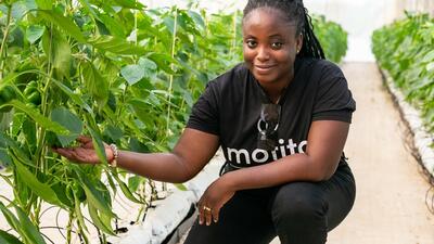 Ghanaian woman kneels next to plants in greenhouse