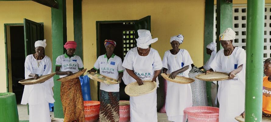 Six femmes guinéennes vêtues de blanc tiennent des paniers où elles tamisent le riz