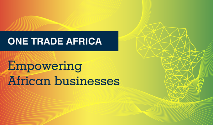 Text which reads 'One Trade Africa: Empowering African businesses' against a red, yellow and green background