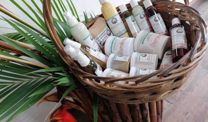 Basket filled with skin care and cosmetics products on display