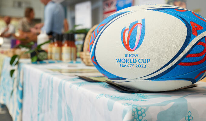 Rugby ball emblazoned with the 2023 World Cup logo