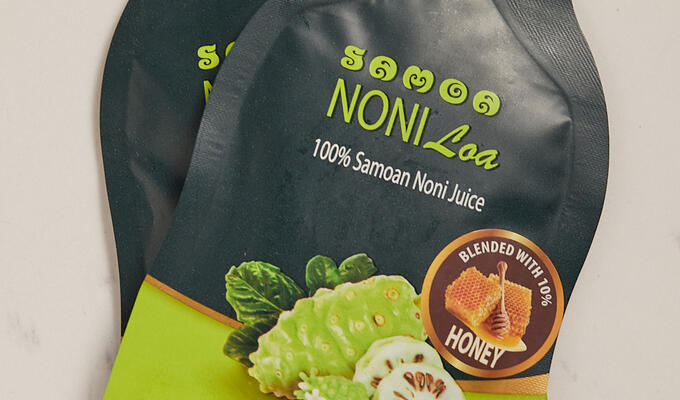 Packet of juice showing the nonu fruit