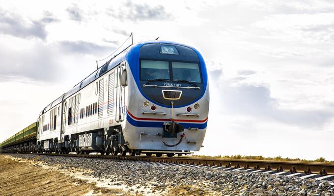 Locomotive advances on train line in Turkmenistan