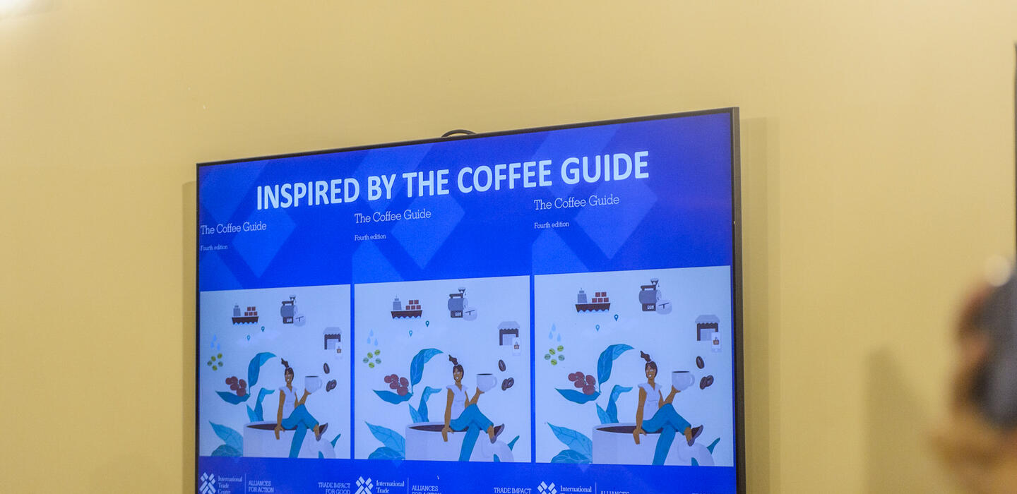 Wall monitor showing the coffee guide cover in triplicate