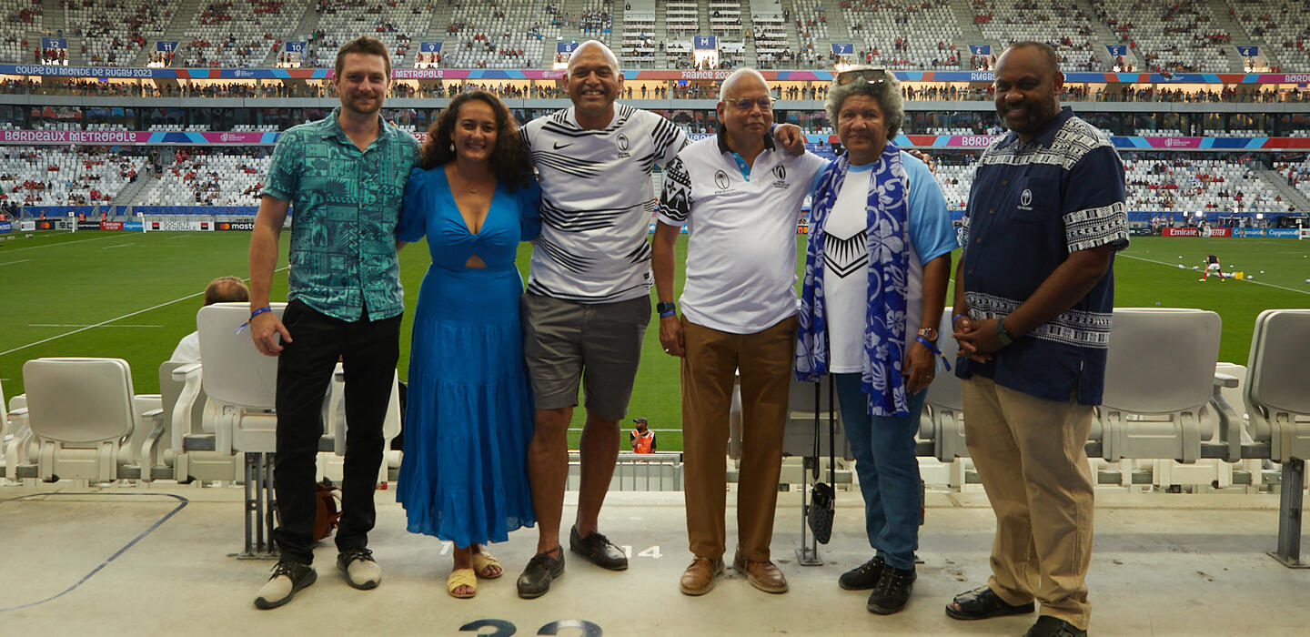 Fiji business leaders stand in rugby World Cup stadium
