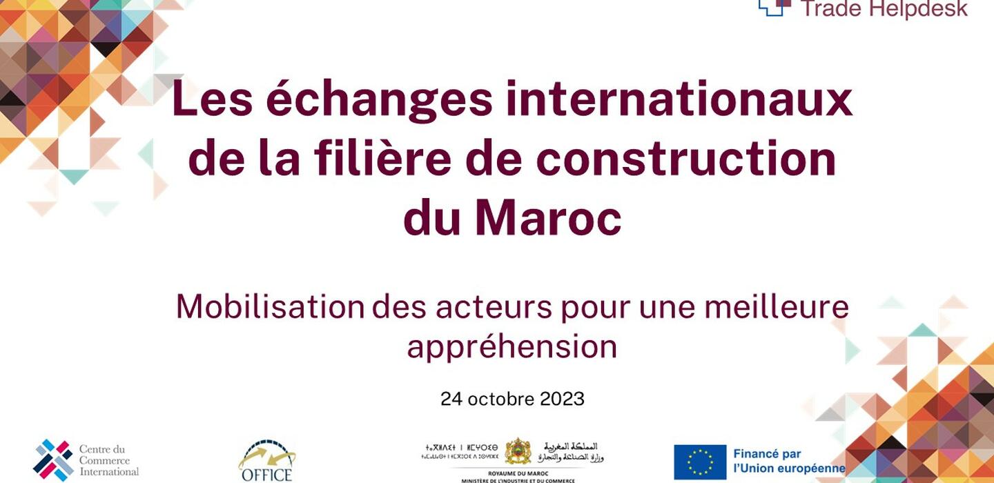 Banner reading Les échanges internationaux de la filière de construction du Maroc