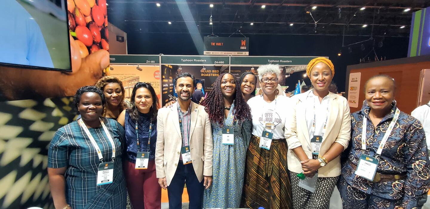 Women coffee growers from Africa pose at trade show in Dubai