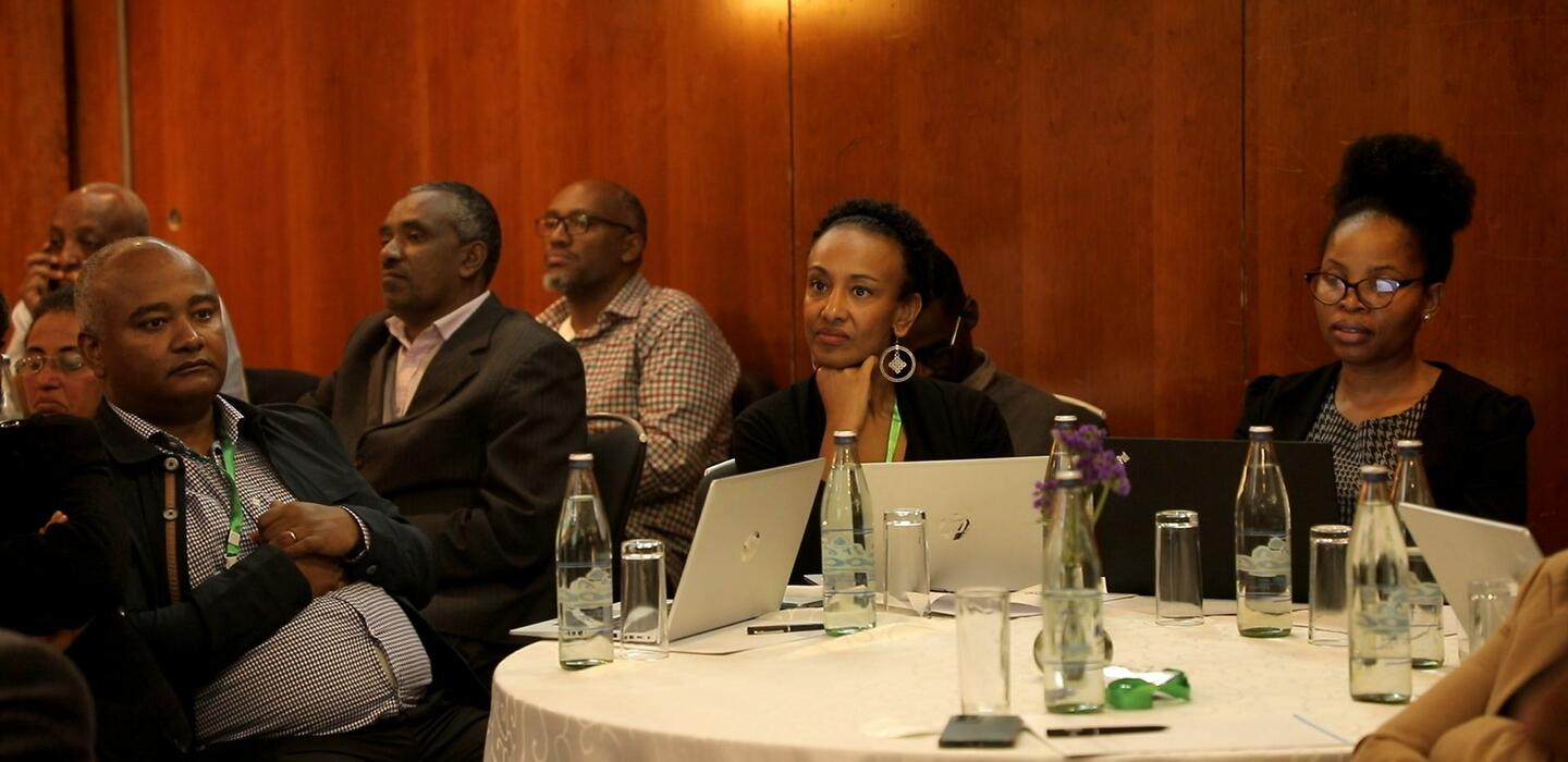 Ethiopian business leaders sit around a table with laptops.